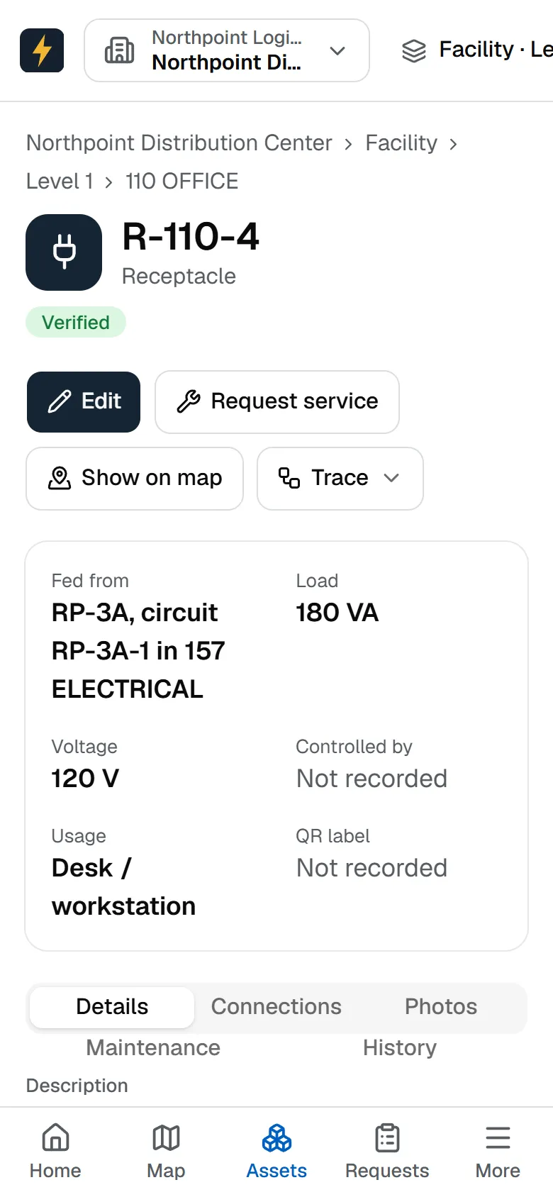 A receptacle record on a phone: its location, verified status, and the panel and circuit that feed it.