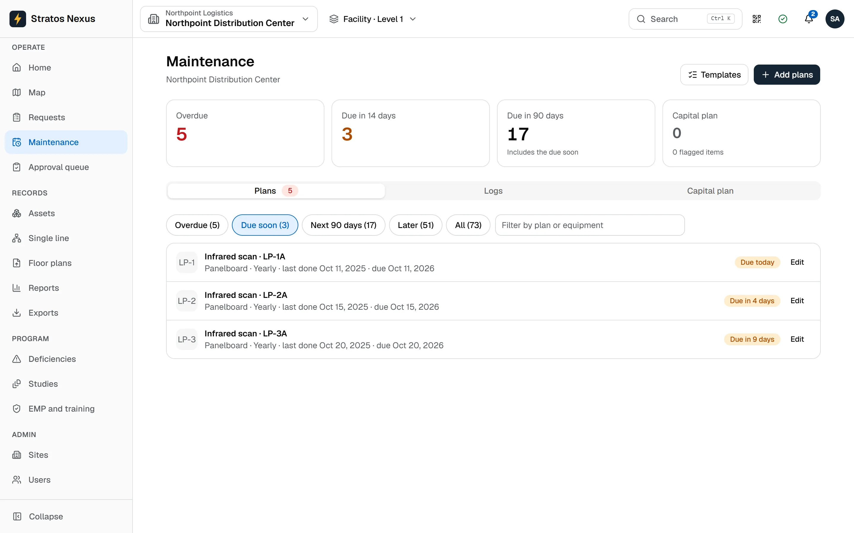 The Maintenance page for the building: tasks overdue, due soon, and due in the next 90 days.