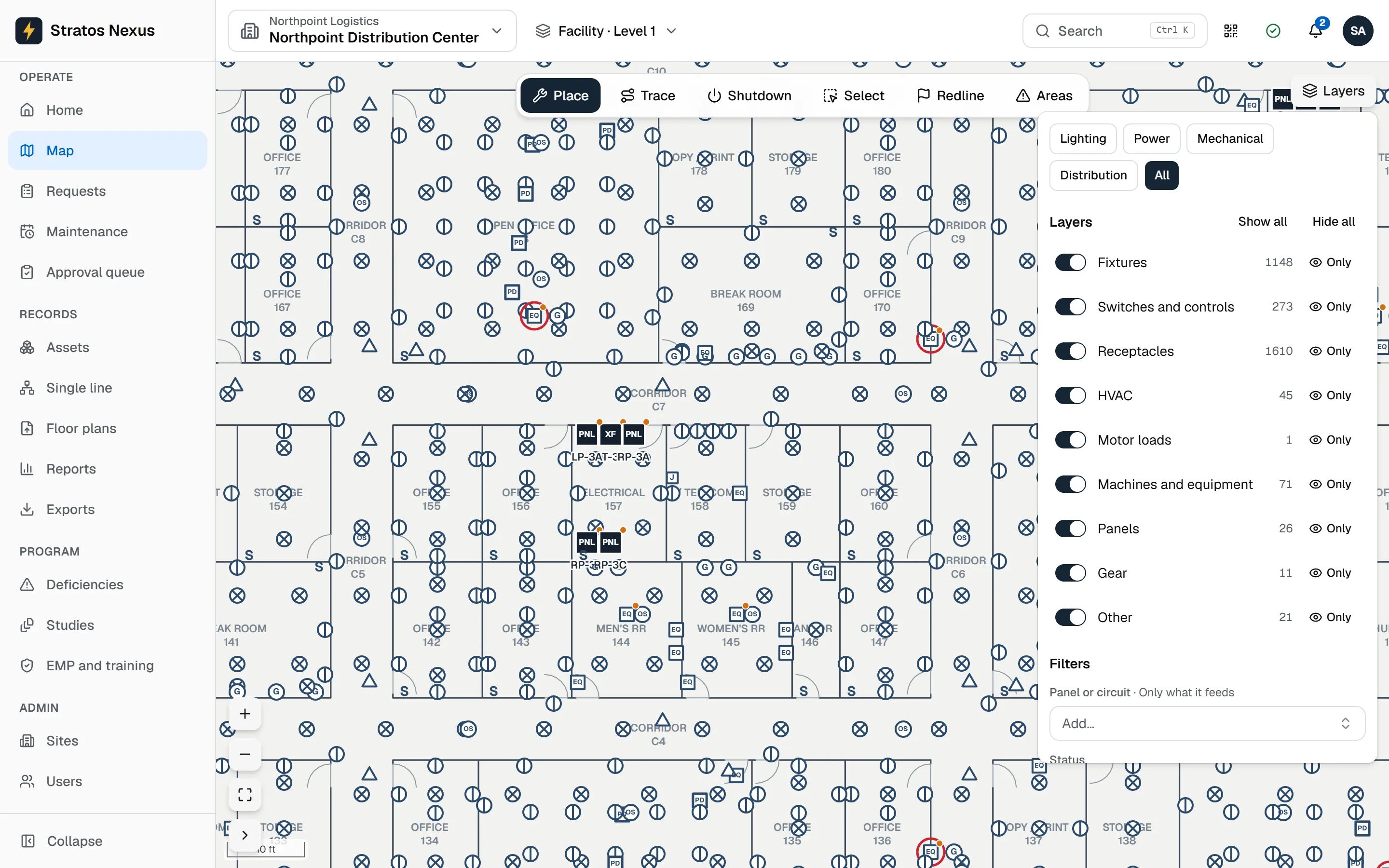 A mapped floor plan with each device placed in its room and the layers list beside it.