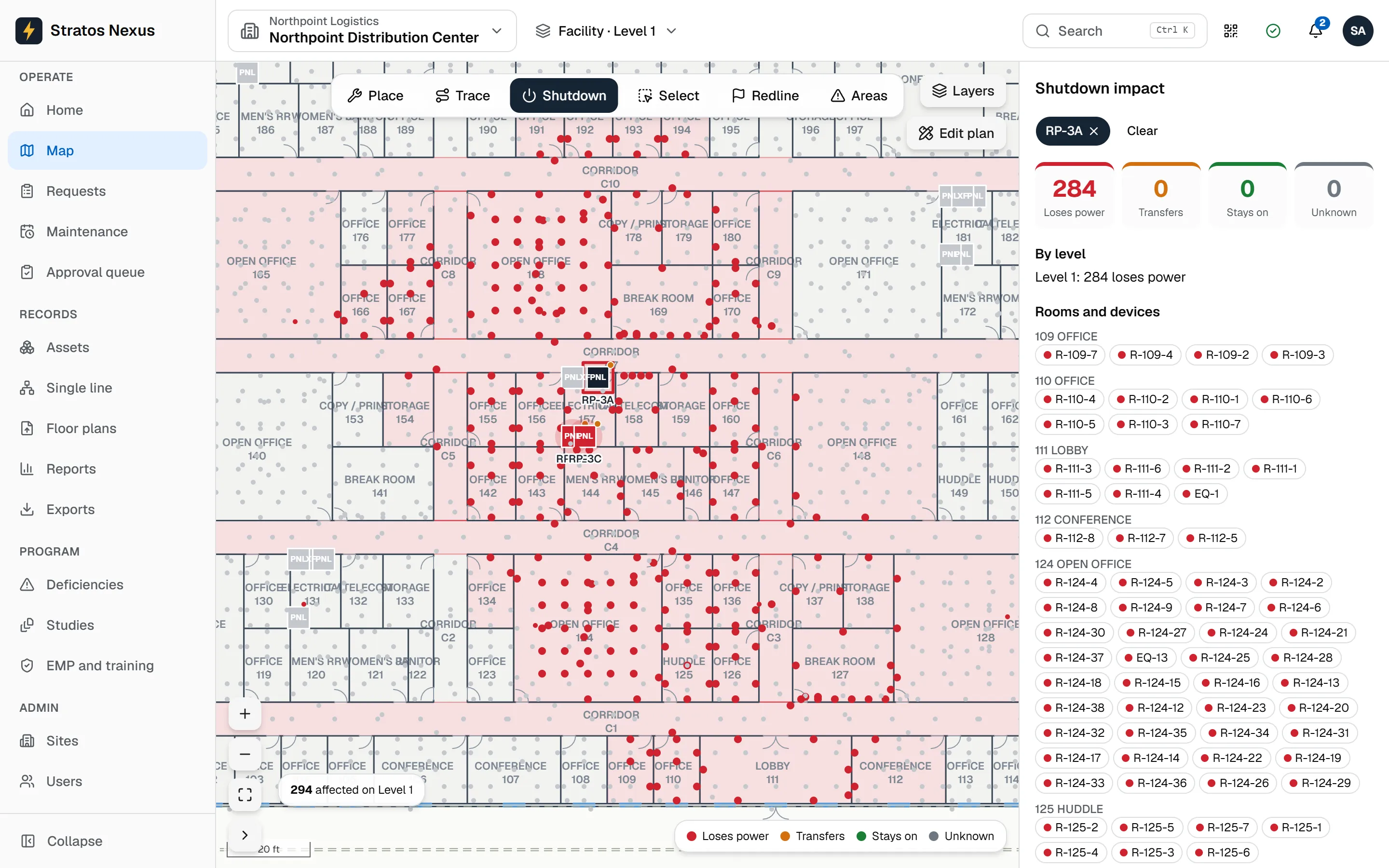 A planned shutdown: the devices that lose power are highlighted on the floor plan and listed by room.